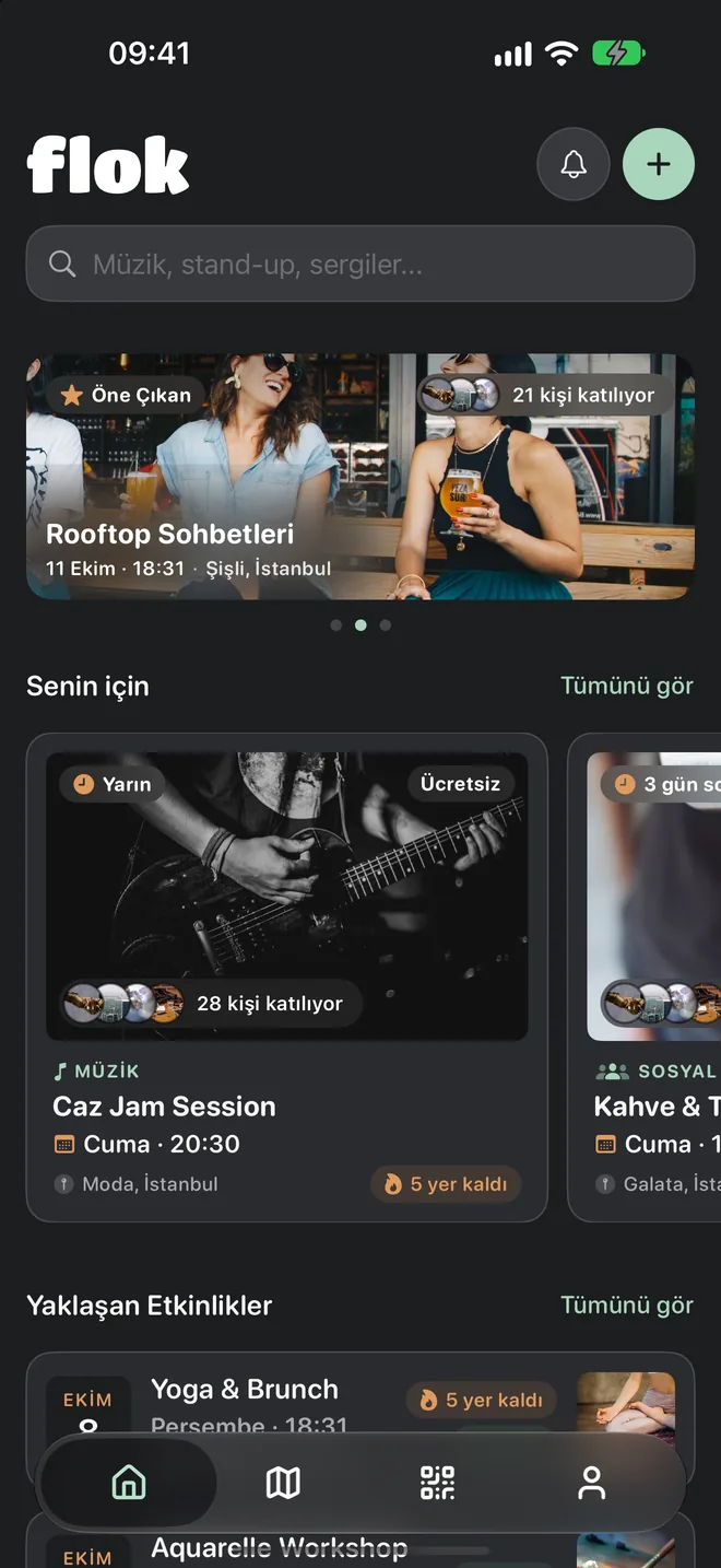 Keşfet ekranı: öne çıkan ve yaklaşan etkinlikler